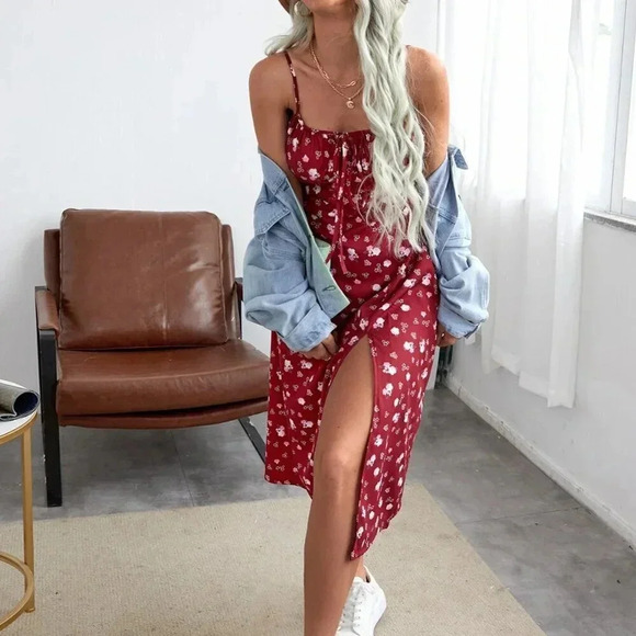 Burgundy Boho Women's Allover Floral Print Ruched Bust Slit Hem Cami Dress - Picture 1 of 5